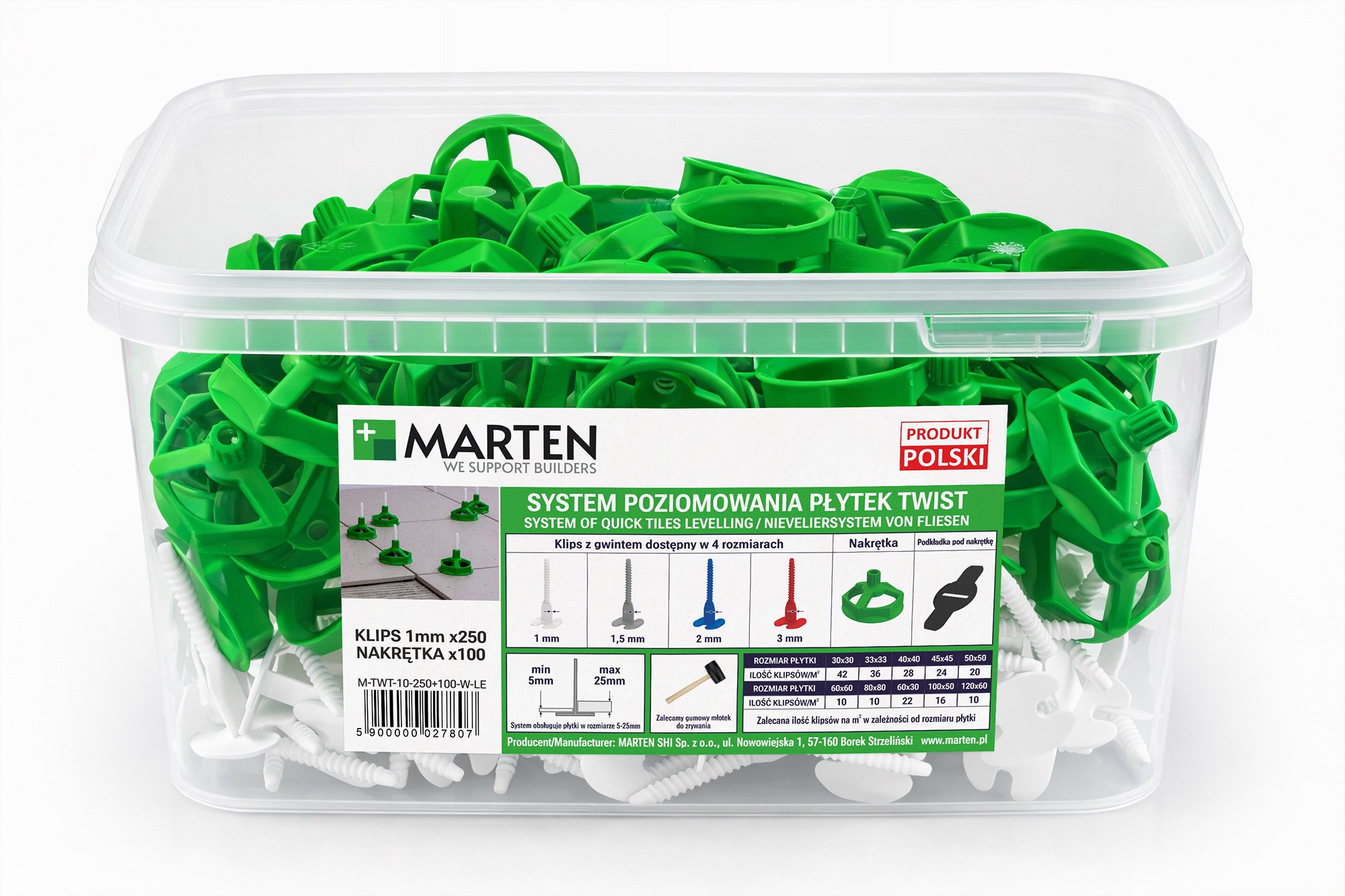 Marten system poziomowania Twist Gwint 2 mm 250 sztuk + nakrętka 100 sztuk 