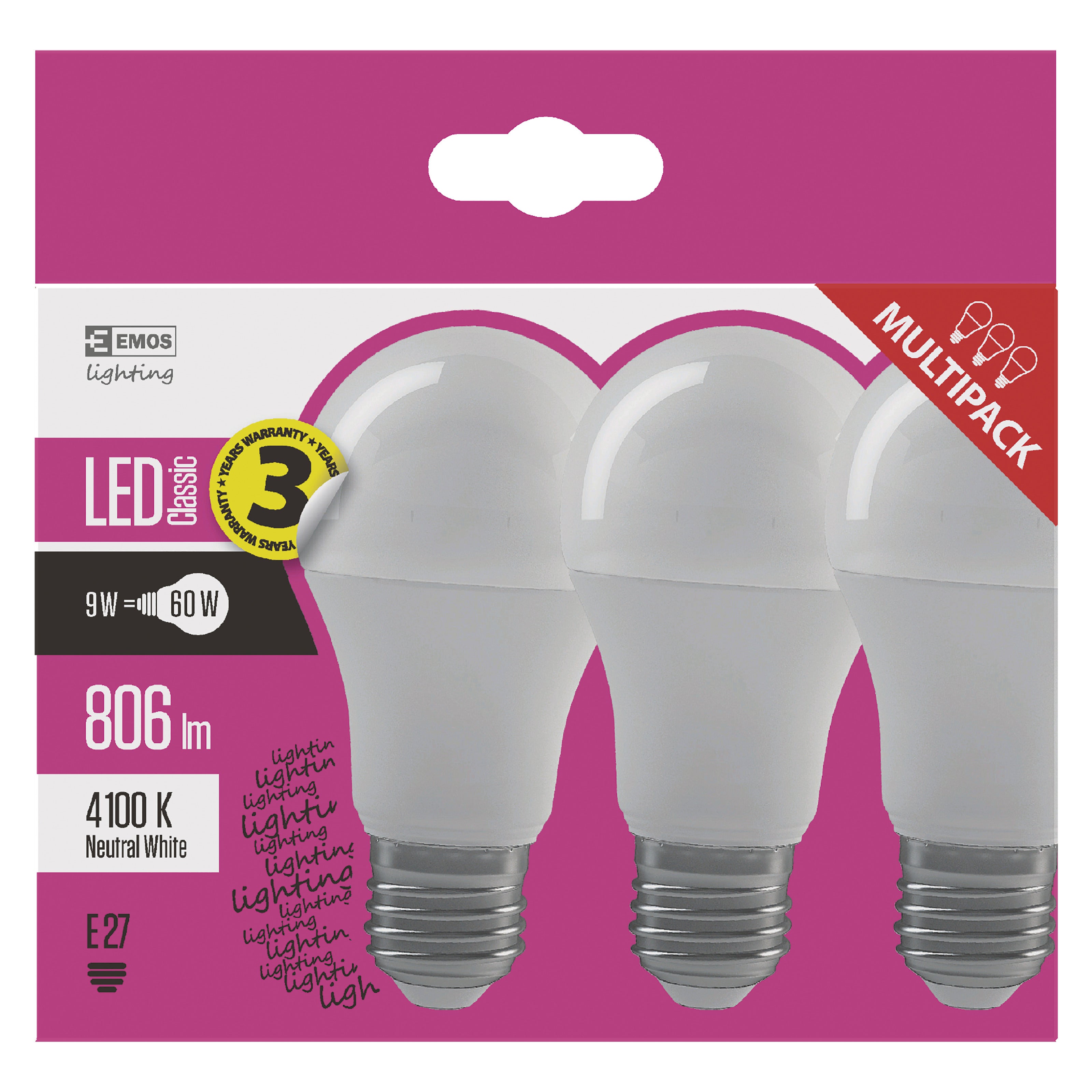 3x żarówka LED E27 A60 7W 806lm 4000K 3