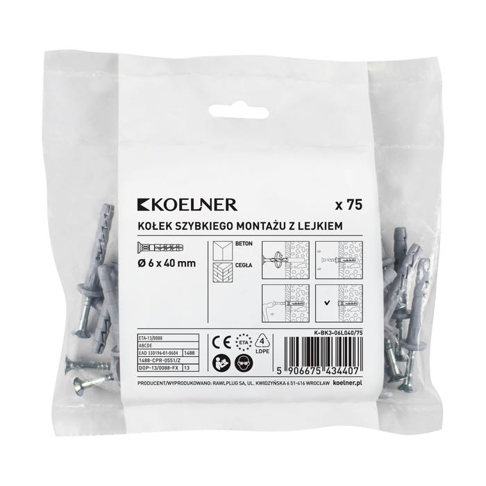 Kołek szybki montaż 6x40mm z kołnierzem lejącym (75 szt.)