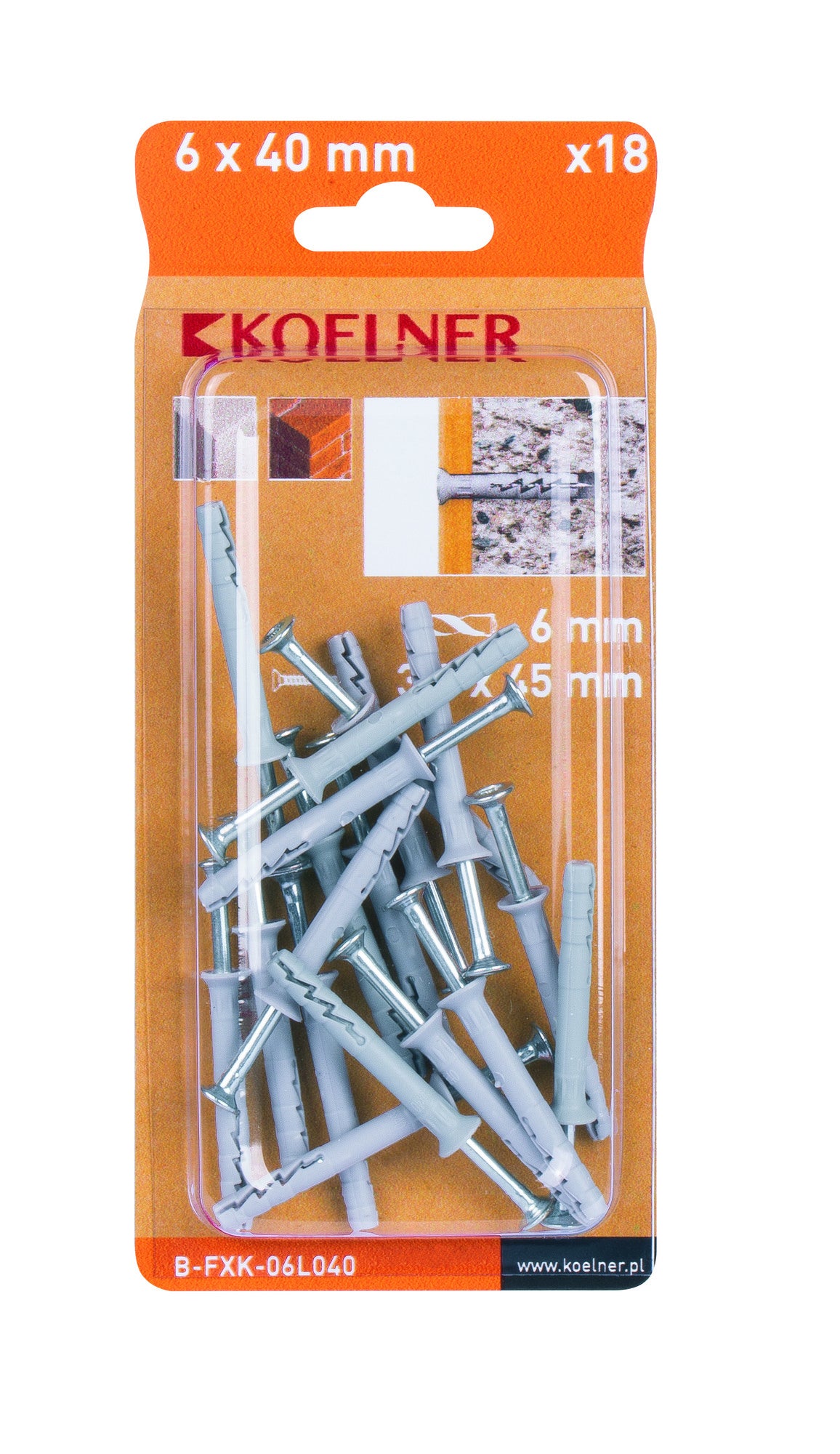 Kołek do szybkiego montażu 6x40mm z lejkiem 18 szt. 