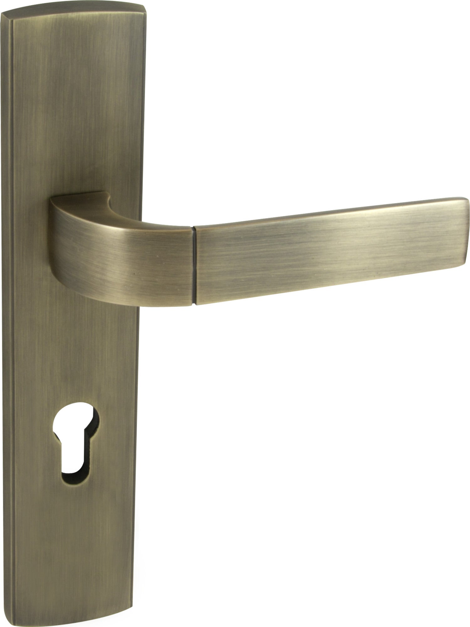 Klamka Focus z długim szyldem na wkładkę patyna