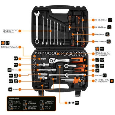 Zestaw kluczy nasadowych 1/2 i 1/4" 10-206 NEO, 100 szt. 2