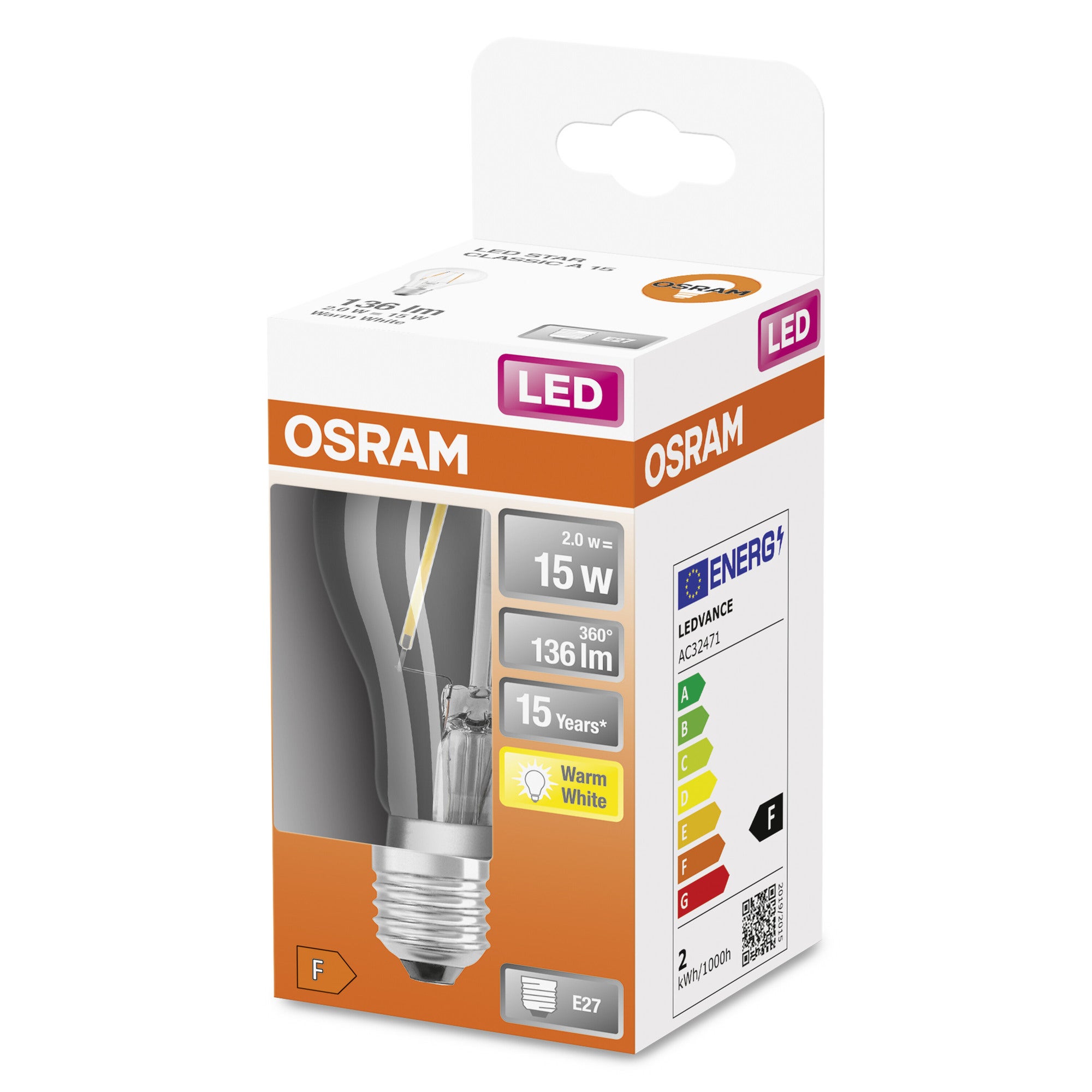 Żarówka LED typu filament E27, standardowa bańka, 1,5W, 136Lm, 2700K, OSRAM